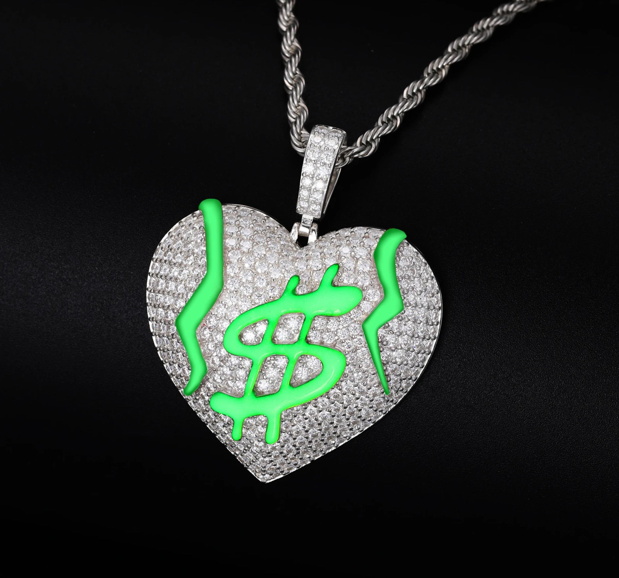 “MONEY HEART, GLOW IN THE DARK” MOISSANITE PENDANT