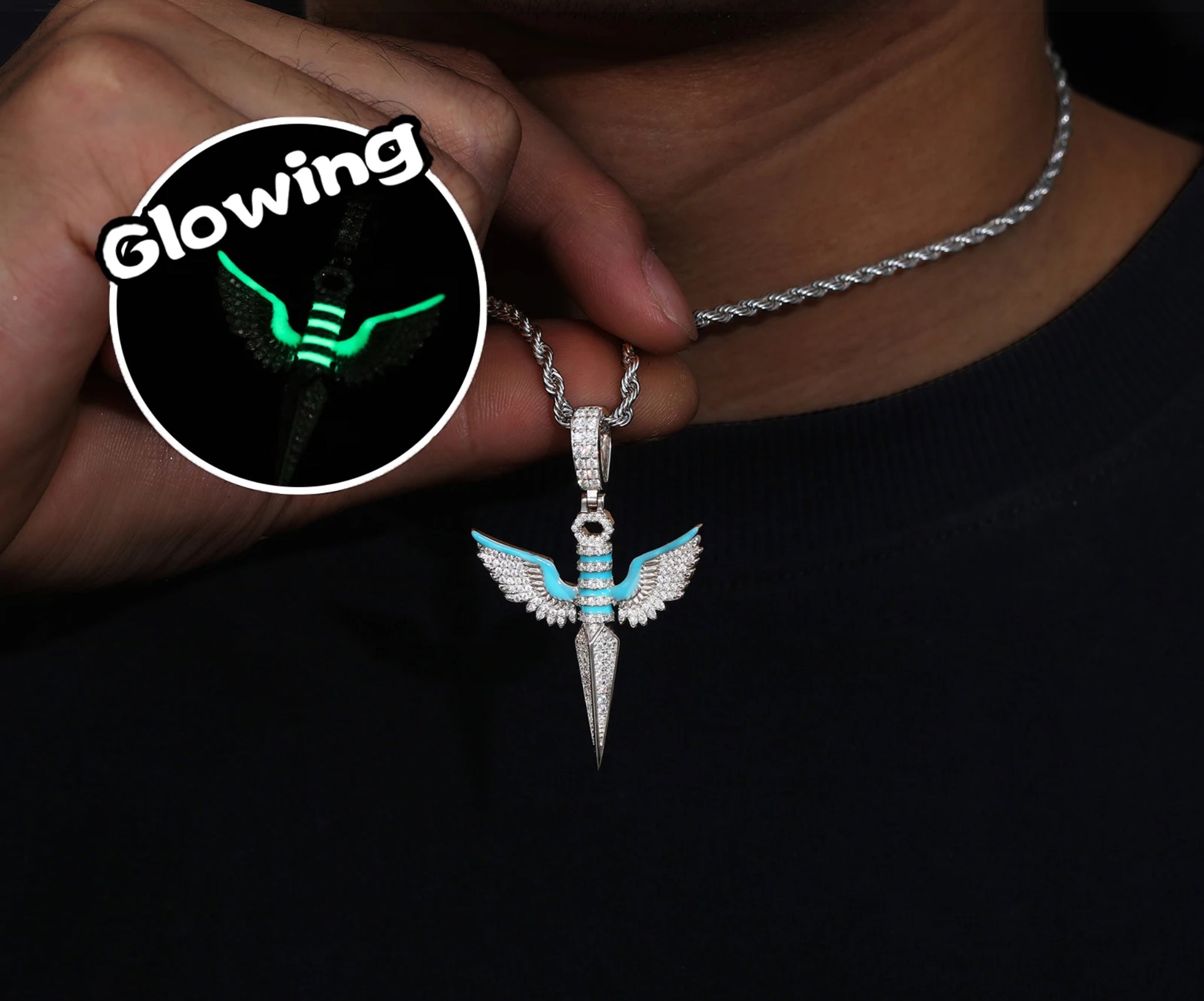 “ANGEL DAGGER, GLOW IN THE DARK” MOISSANITE PENDANT