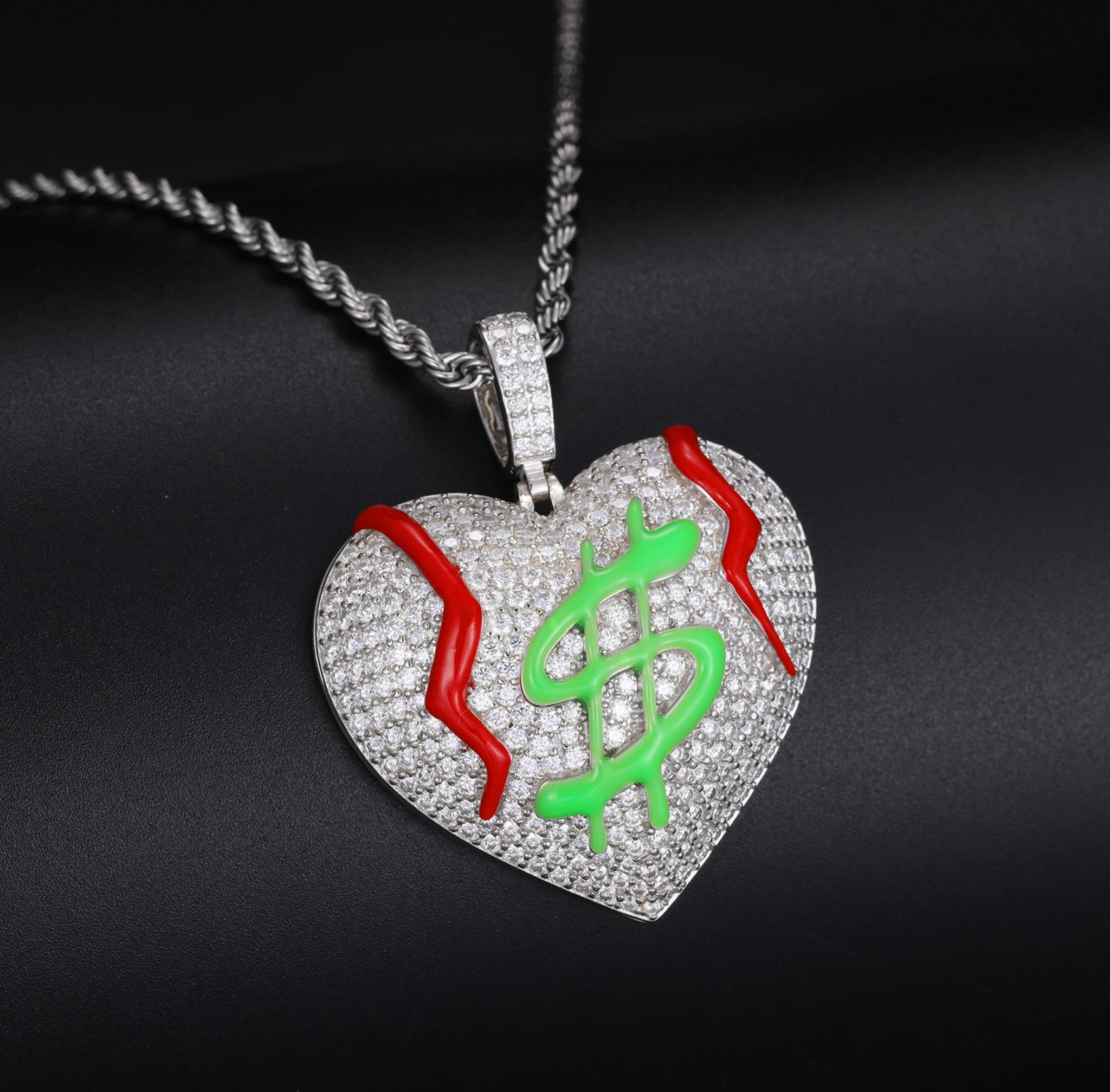 “MONEY HEART, GLOW IN THE DARK” MOISSANITE PENDANT